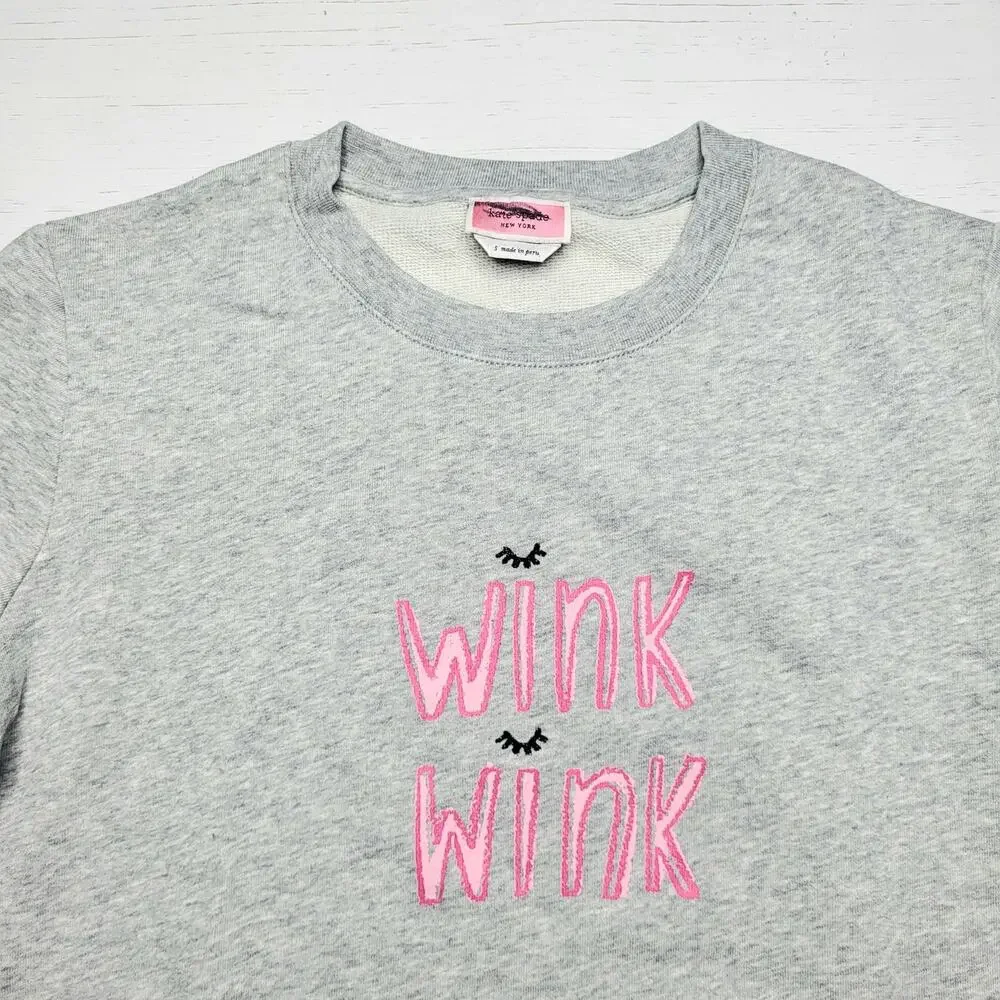 Kate‎ Spade Wink Graphic Sweatshirt Gray Pink Crewneck Pullover Cotton Small